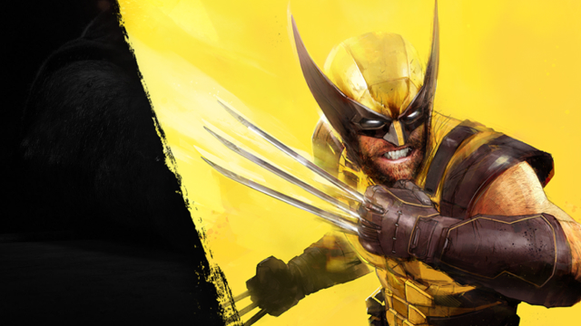 Ilustración de Lobezno en traje amarillo y marrón, mostrando sus garras metálicas extendidas sobre un fondo amarillo con borde negro a la izquierda.