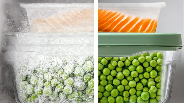 Infografía que muestra dos mitades de dos recipientes, a la izquierda con escarcha,  a la derecha, sin ella gracias a la tecnología NoFrost