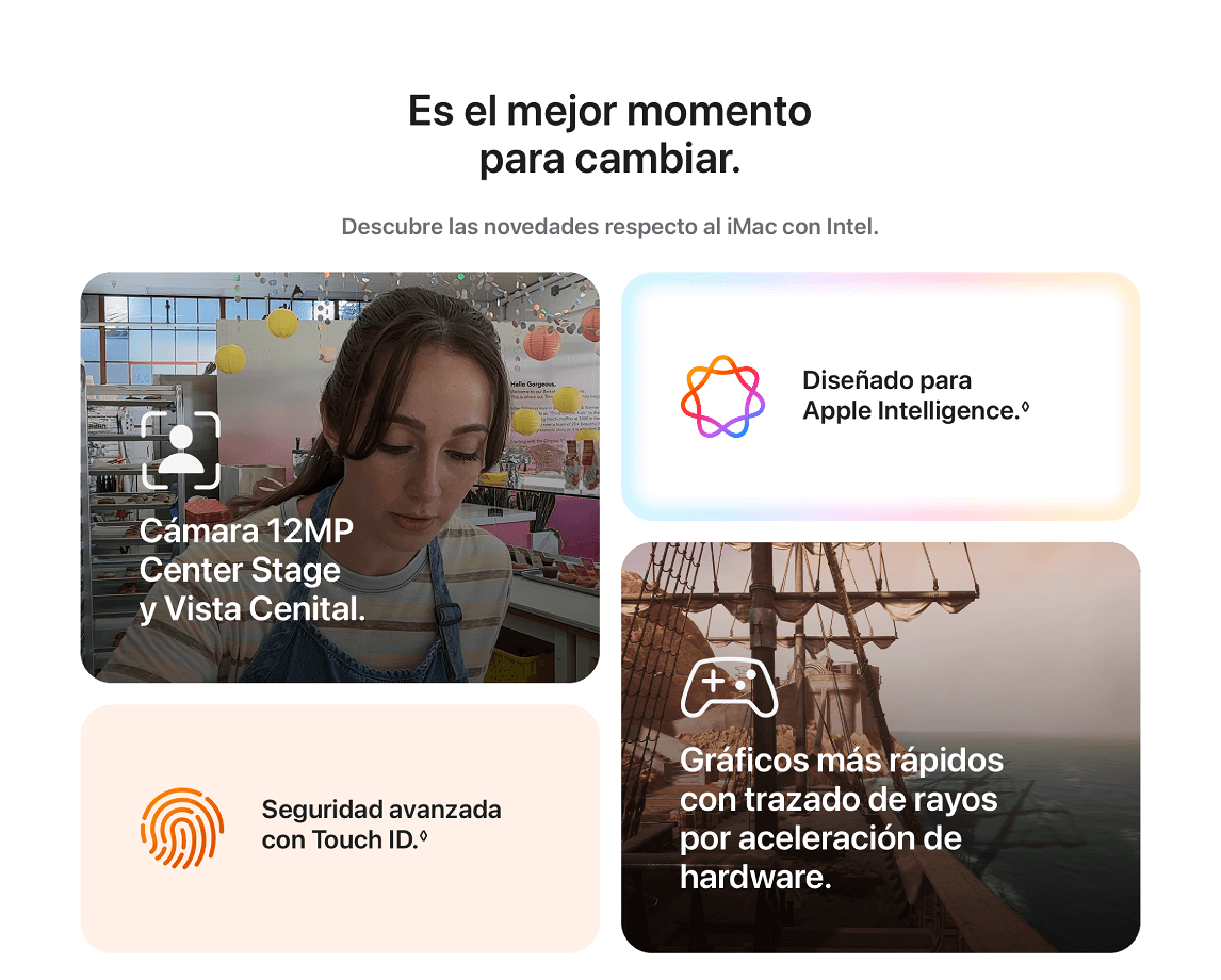 Mujer con delantal frente a cámara; texto sobre cámara, seguridad, gráficos y Apple Intelligence. Fondo con decoración y elementos de tienda.