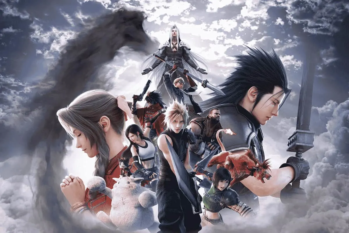 Arte oficial de Final Fantasy VII con sus personajes principales entre nubes dramáticas