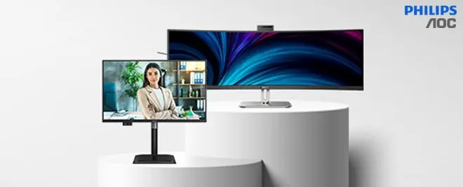 Dos monitores Philips AOC sobre pedestales blancos: uno panorámico y otro vertical con videollamada