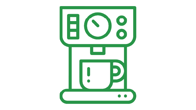 Cafetera verde con botones, dial y taza. Tiene una base con puntos. Fondo blanco.