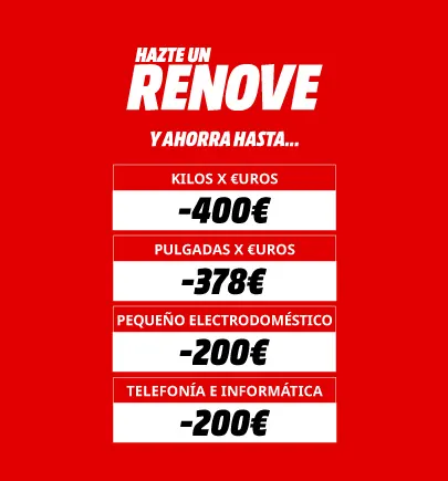 Fondo rojo con texto blanco que anuncia descuentos en euros para kilos, pulgadas, electrodomésticos y telefonía e informática.