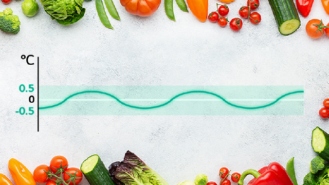 Varias verduras frescas bordean un gráfico de temperatura verde sobre un fondo blanco texturizado.