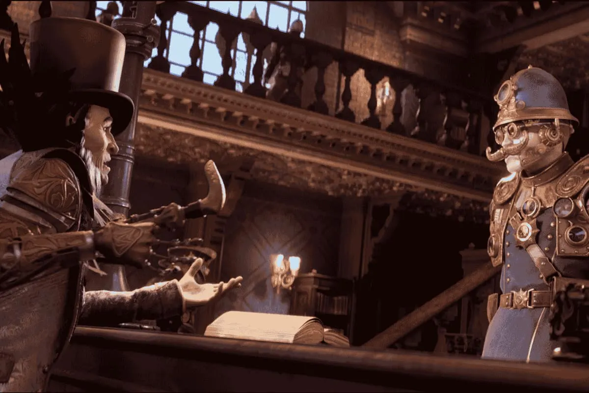 Dos personajes mecánicos steampunk frente a frente en un interior victoriano oscuro
