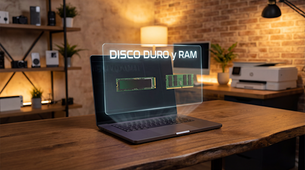 Portátil sobre una mesa de madera donde se simula un texto que sale del teclado que pone "Disco duro y RAM".