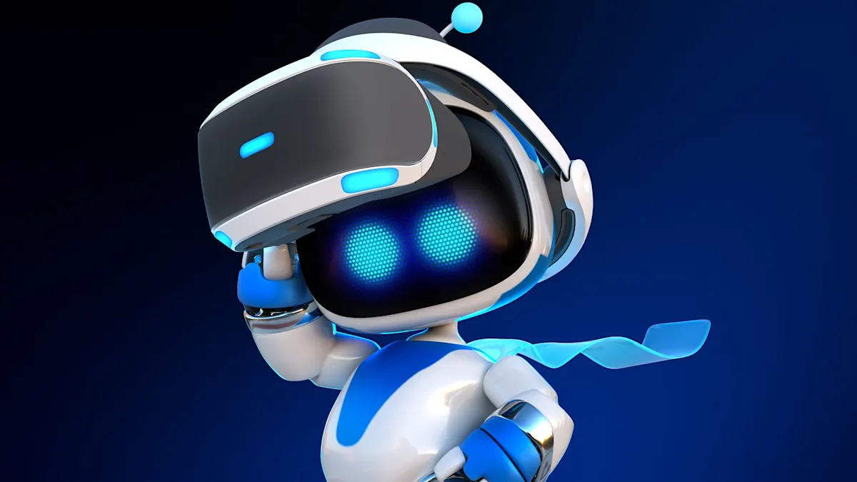 Ilustración de Astro Bot, un personaje robótico con diseño futurista, casco de realidad virtual y ojos azules brillantes, sobre un fondo azul oscuro.