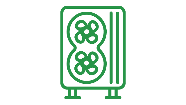 Contorno verde de unidad de aire acondicionado con dos ventiladores circulares y rejillas verticales sobre un soporte con patas.