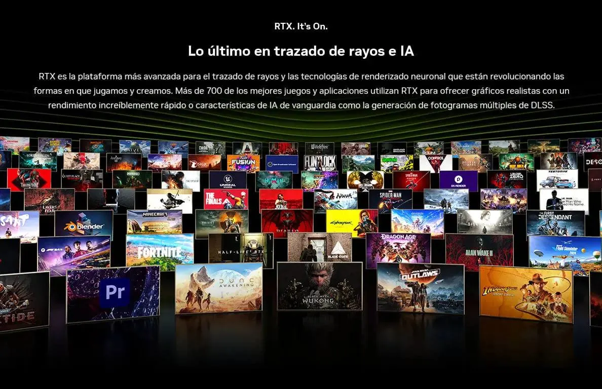 Pantalla con juegos y apps compatibles con NVIDIA RTX series 50, destacando trazado de rayos e IA para mejor rendimiento.