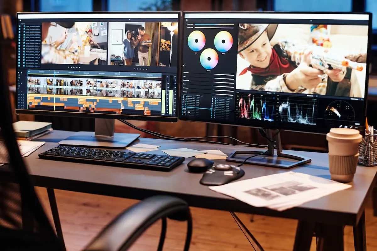 Estación de edición de vídeo con dos monitores mostrando timeline y corrección de color.