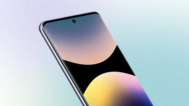 Un teléfono móvil muestra una pantalla con un diseño abstracto en tonos azules, amarillos y negros sobre un fondo celeste.