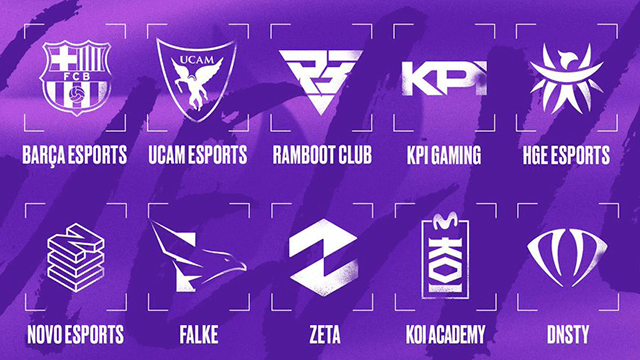 Sobre un fondo morado, hay logotipos de equipos de eSports, con nombres como "Barça Esports", "KPI Gaming" y "KOI Academy".