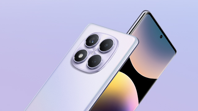 Dos teléfonos móviles sobre un fondo morado. El teléfono de atrás tiene cuatro lentes de cámara.