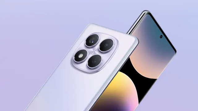 Dos teléfonos móviles sobre un fondo morado. El teléfono de atrás tiene cuatro lentes de cámara.