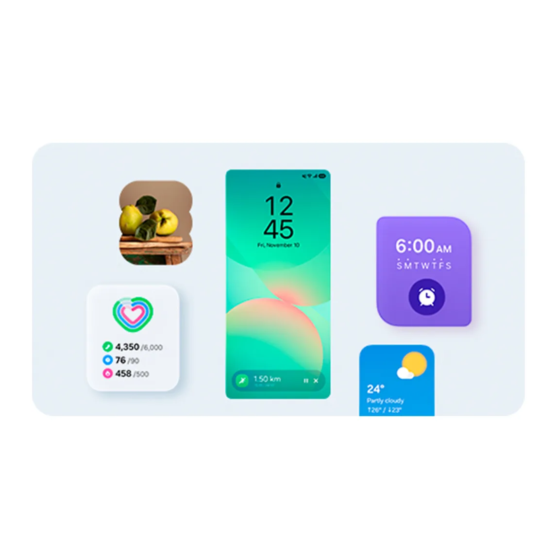 Panel con widgets de reloj digital, clima con sol y nubes, actividad física y manzanas sobre madera.