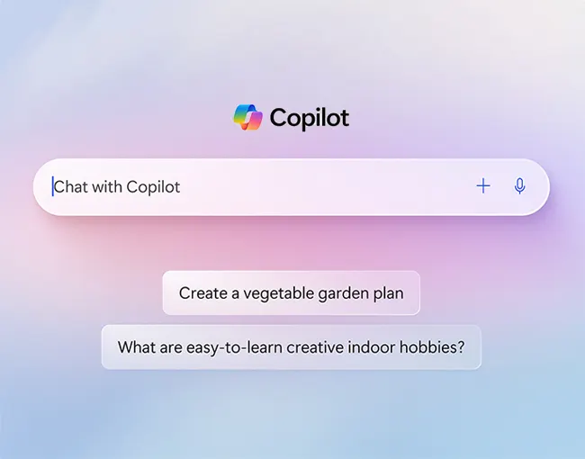 Interfaz digital con logo de Copilot, barra de chat y sugerencias de texto sobre jardinería y hobbies creativos en fondo degradado.