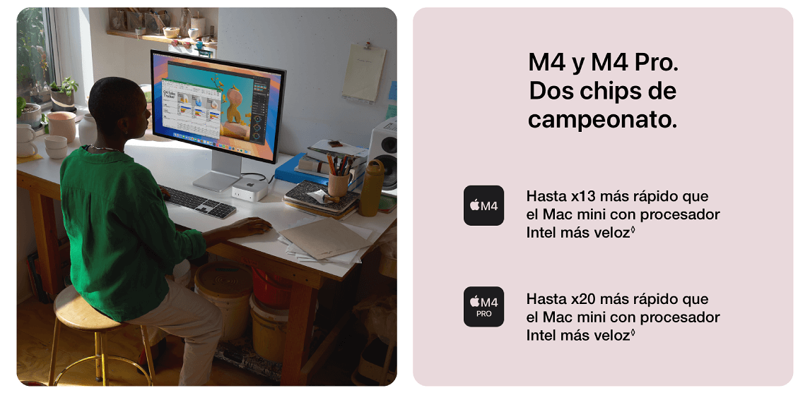 Persona sentada ante un ordenador con escritorio ordenado y un panel con texto promocional sobre chips M4.