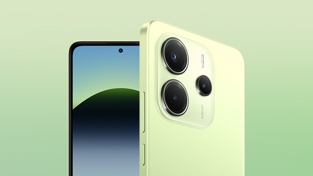 Un teléfono con pantalla azul y una funda de color verde claro con tres lentes de cámara en la parte posterior.