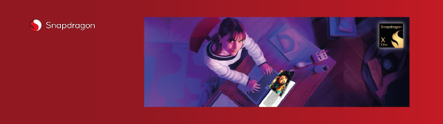 Publicidad de Qualcomm Snapdragon con badge de Snapdragon X y una chica en su escritorio con el ordenador