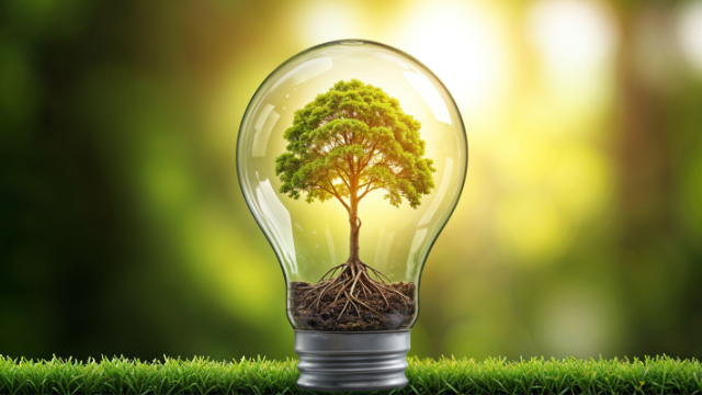 Bombilla con un pequeño árbol en su  interior, símbolo de eficiencia energética y  sostenibilidad en el frigorífico OFK 471 E W.