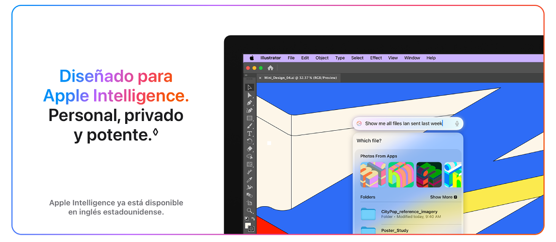 Pantalla de ordenador que muestra la interfaz de Adobe Illustrator con una ventana emergente de búsqueda y carpetas de archivos. A la izquierda, texto promocional.