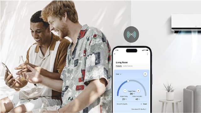 Control del aire acondicionado LG por Wi‑Fi desde el smartphone mediante la app LG ThinQ en un entorno doméstico.