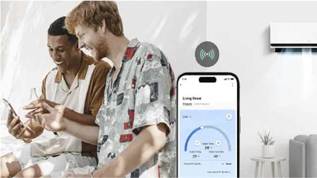 Control del aire acondicionado LG por Wi‑Fi desde el smartphone mediante la app LG ThinQ en un entorno doméstico.