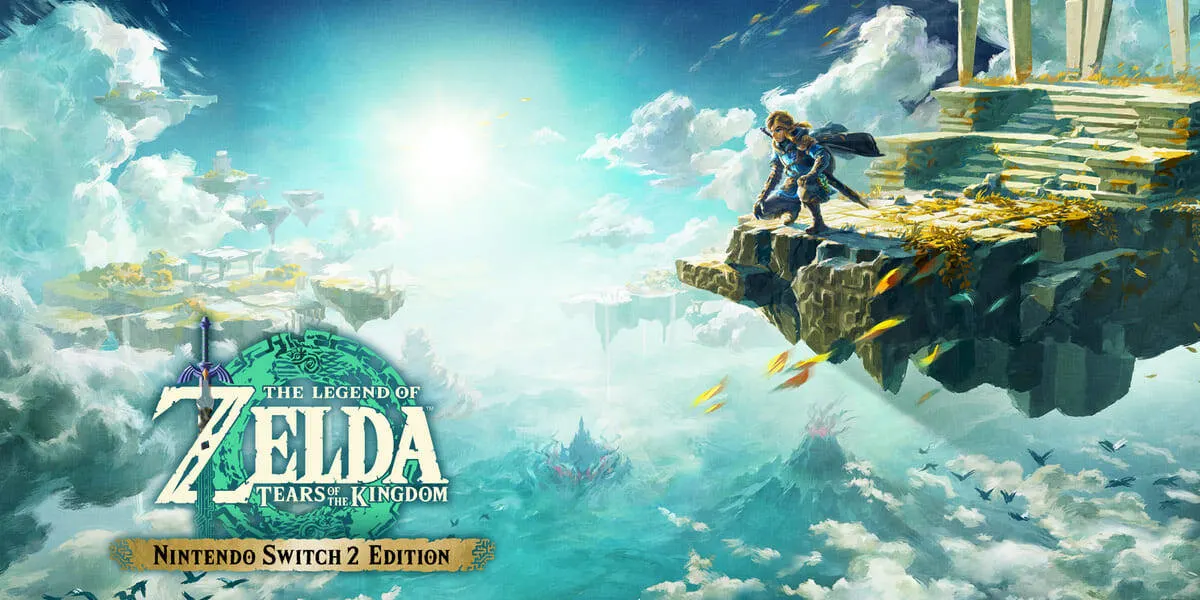 Un personaje de videojuegos está de pie en un acantilado rocoso con ruinas. Hay islas flotantes y nubes en el cielo azul. El logo de Zelda está abajo.