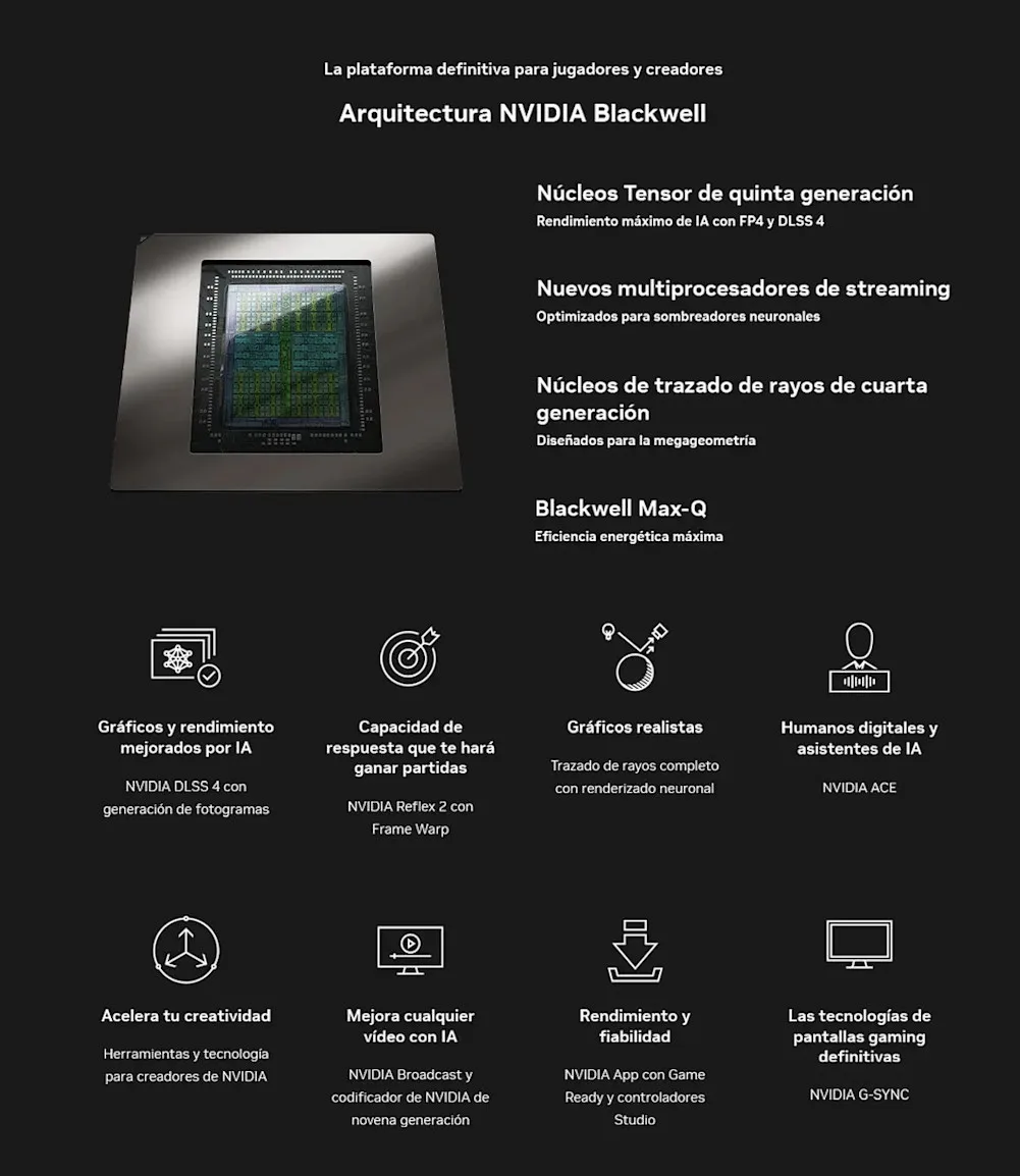 Arquitectura NVIDIA Blackwell: gráficos mejorados con IA, trazado de rayos de cuarta generación, DLSS 4, Reflex 2 y eficiencia energética Max-Q