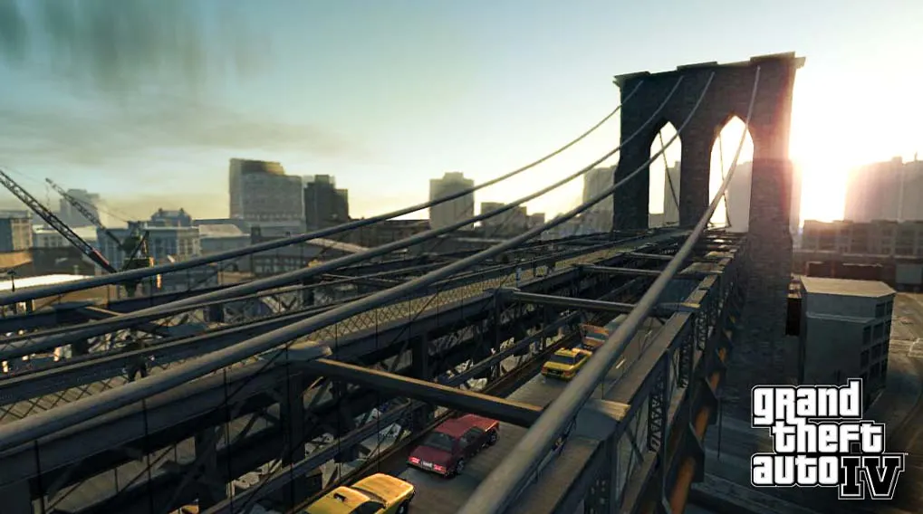 Un puente metálico con coches amarillos y rojos circulando, rascacielos al fondo y cielo nublado. Logotipo de "Grand Theft Auto IV" abajo a la derecha.