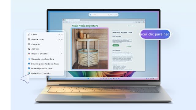 Portátil con navegador abierto mostrando una mesa en una tienda online; menús y globos indican opciones y sugerencias de búsqueda sobre la pantalla.