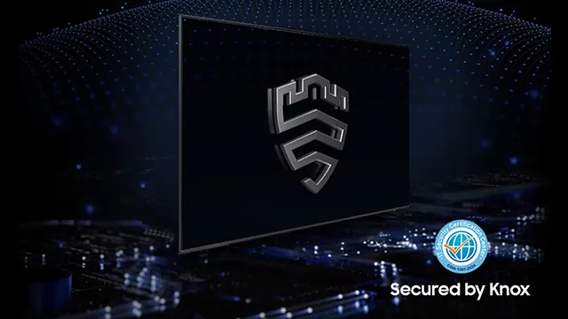 Pantalla de TV negra con escudo de seguridad, fondo de puntos azules y sello "Secured by Knox" en la esquina.