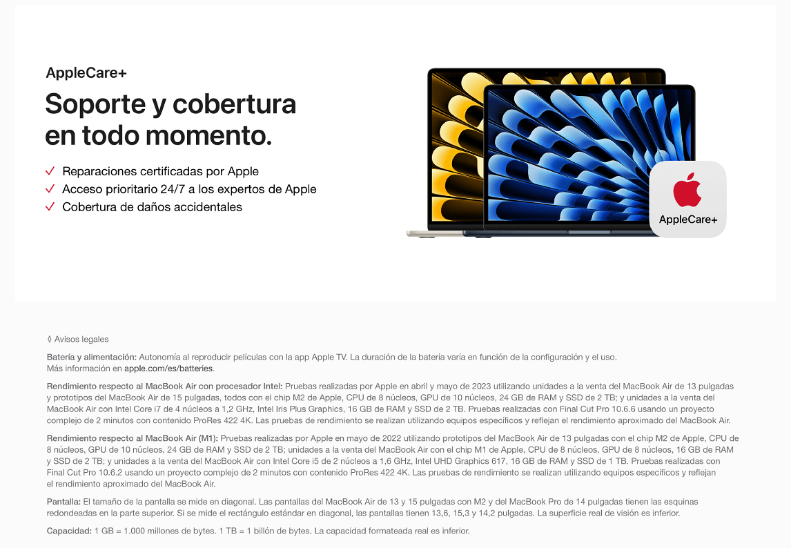 Dos portátiles Apple muestran pantallas azules y amarillas. El logotipo de AppleCare+ está en blanco. El texto promociona soporte.