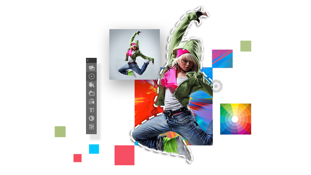 Una persona en movimiento con ropa casual, cuadrados de colores y una barra de herramientas vertical.