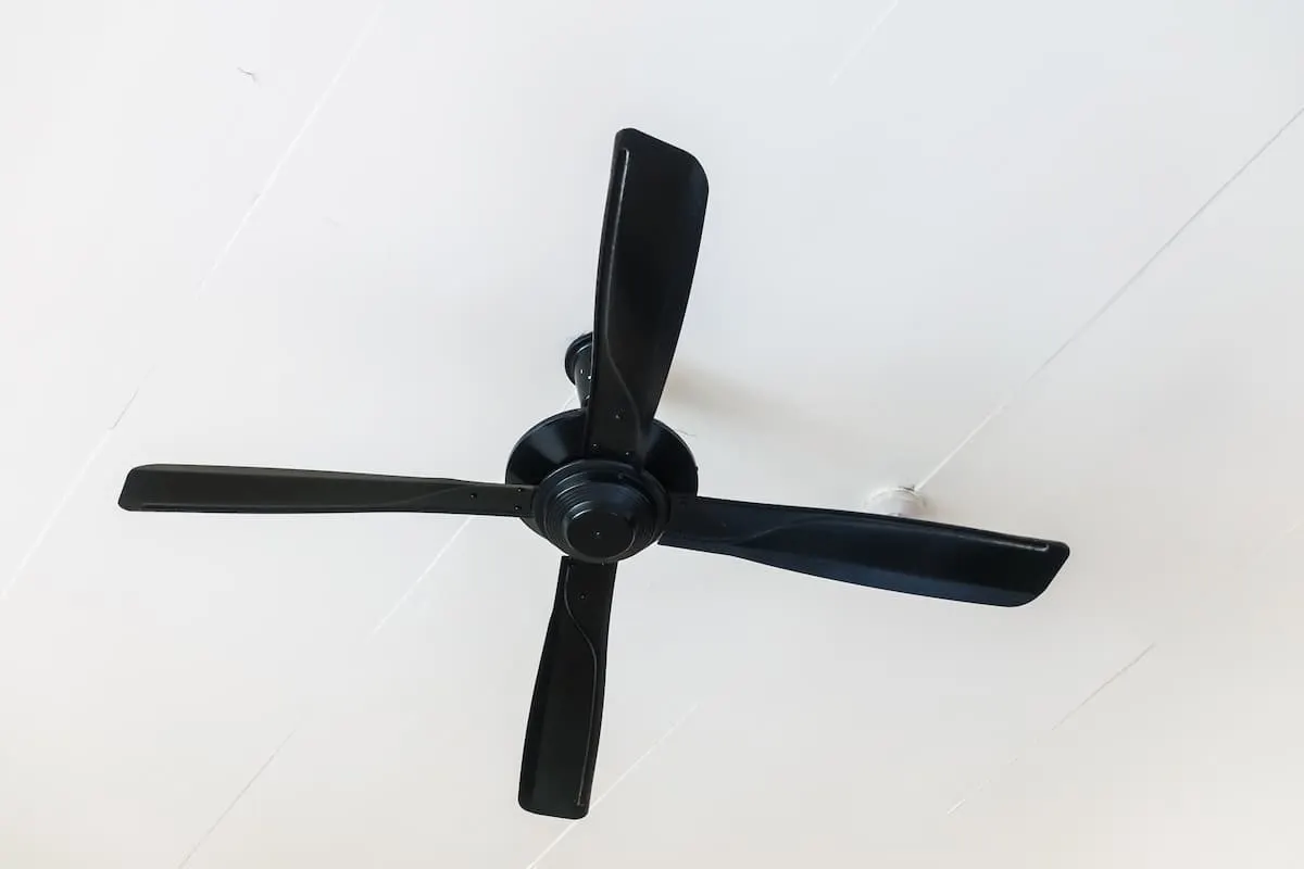 Ventilador de techo negro de cuatro aspas sobre fondo blanco.