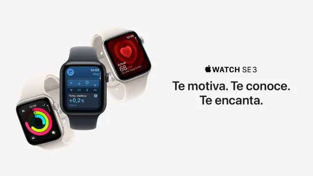 Banner del Apple Watch SE 3: tres relojes con correas claras mostrando esferas de actividad, salud y temperatura sobre fondo blanco; texto “Te motiva. Te conoce. Te encanta.”