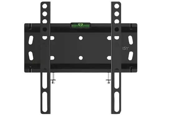 Soporte de pared negro para TV con orificios y nivel de burbuja verde en la parte superior. Incluye tornillos.