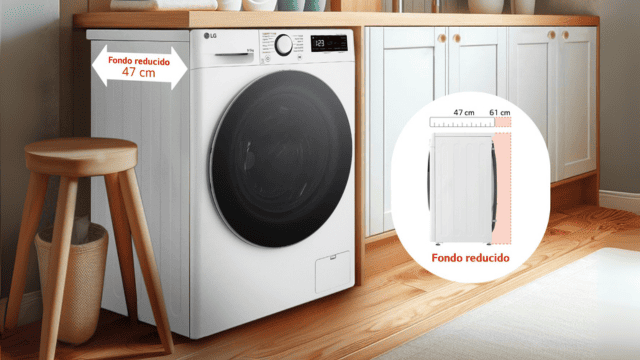 Lavadora LG instalada en cocina con fondo reducido de 47 cm, comparado en un círculo lateral.
