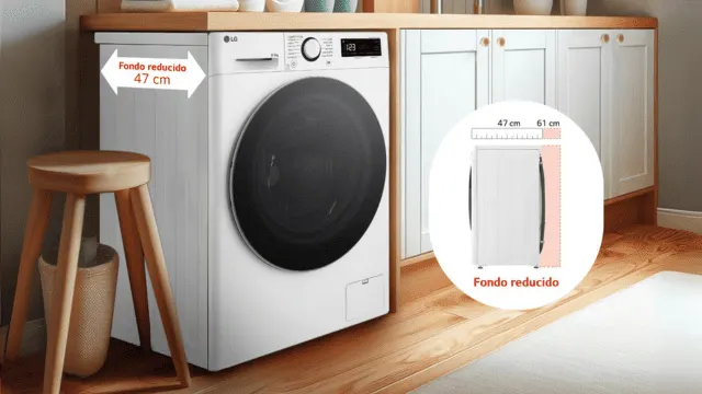 Lavadora LG instalada en cocina con fondo reducido de 47 cm, comparado en un círculo lateral.