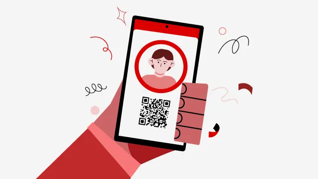 Mano roja sujetando un teléfono con código QR y foto de perfil. Una tarjeta roja con tres círculos está junto al teléfono.