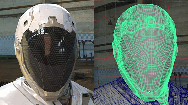 Casco futurista renderizado versus su estructura de malla 3D.