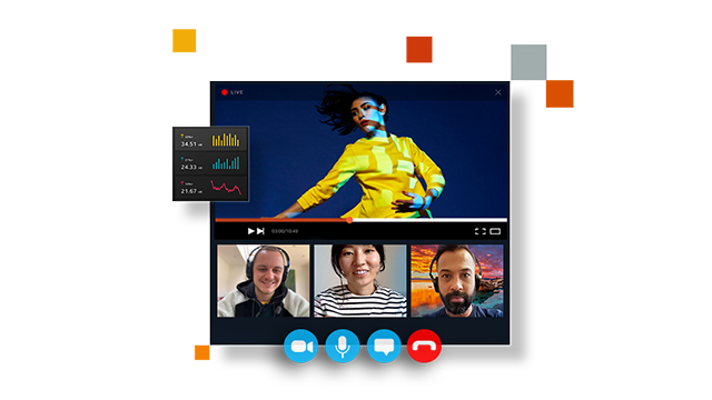 Videollamada con tres personas y una mujer bailando en azul. Controles de micrófono, chat y llamada abajo. Gráficos a la izquierda.