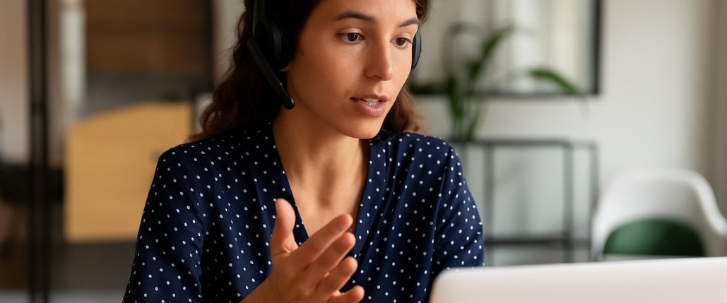 Persona con audífonos frente a un portátil, con texto "Diagnóstico y resolución en tiempo real y de manera remota". Fondo difuminado.