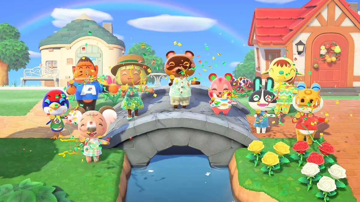 En un jardín, personajes de Animal Crossing celebran con confeti sobre un puente y junto a casas coloridas.