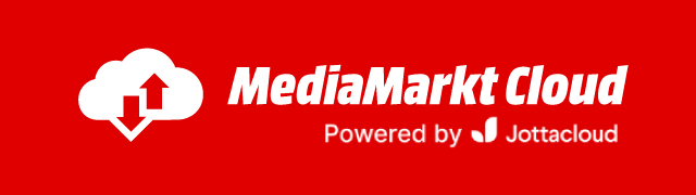 Fondo rojo con el texto blanco "MediaMarkt Cloud" y "Powered by Jottacloud", además de un icono de nube con flechas arriba y abajo.