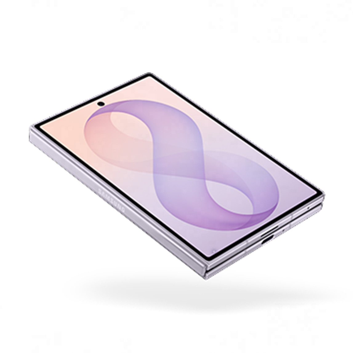 Galaxy Z Fold lavanda cerrado, con diseño fino y ligero, suspendido sobre un fondo blanco.