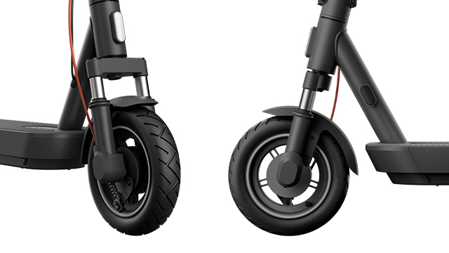 Comparativa de las ruedas y sistemas de suspensión de scooters eléctricos, destacando la amortiguación mejorada del modelo Xiaomi Electric Scooter 5 Pro.
