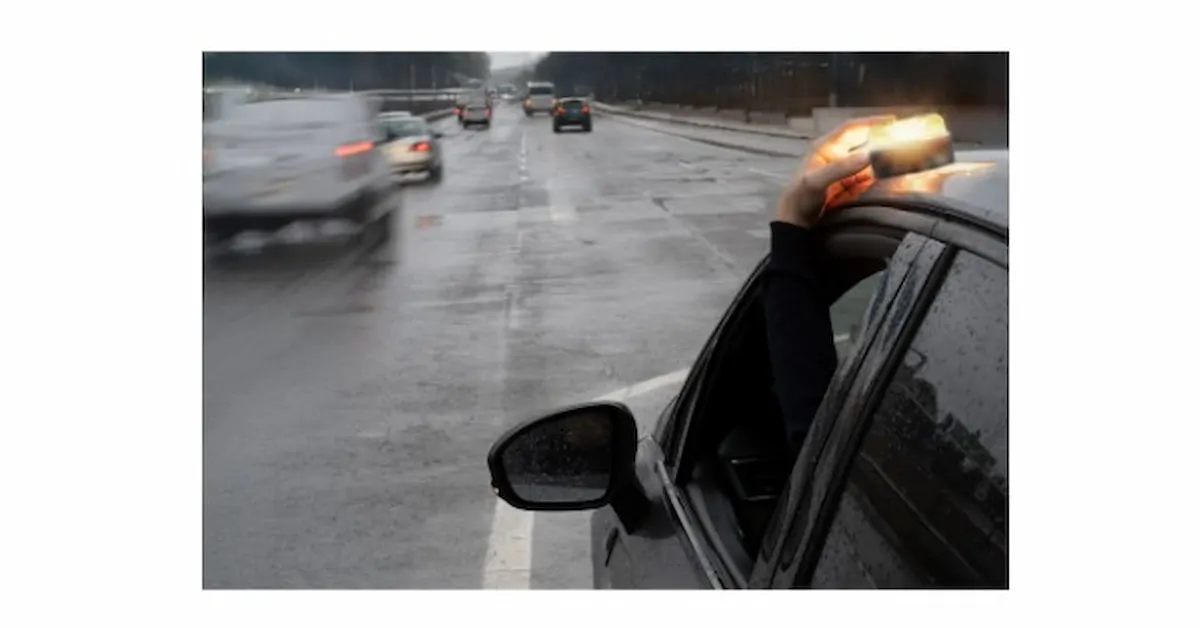 Persona colocando baliza V16 de emergencia sobre un coche en carretera mojada.