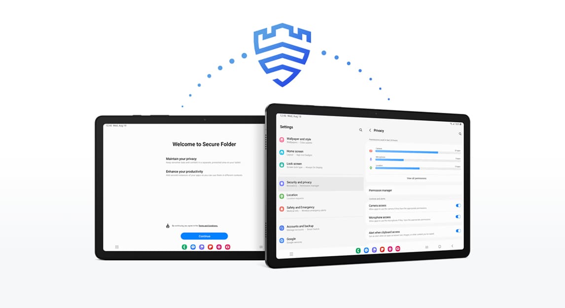 Dos tabletas muestran pantallas: una de bienvenida a la carpeta segura y otra con ajustes de privacidad. Un logo azul de seguridad está arriba.
