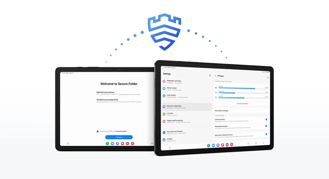 Dos tabletas muestran pantallas: una de bienvenida a la carpeta segura y otra con ajustes de privacidad. Un logo azul de seguridad está arriba.